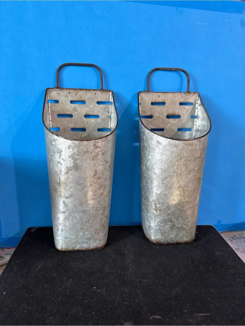2 Galvanized Wall Pocket Planter - Rustic Silver Metal Hanging Vase with Handles